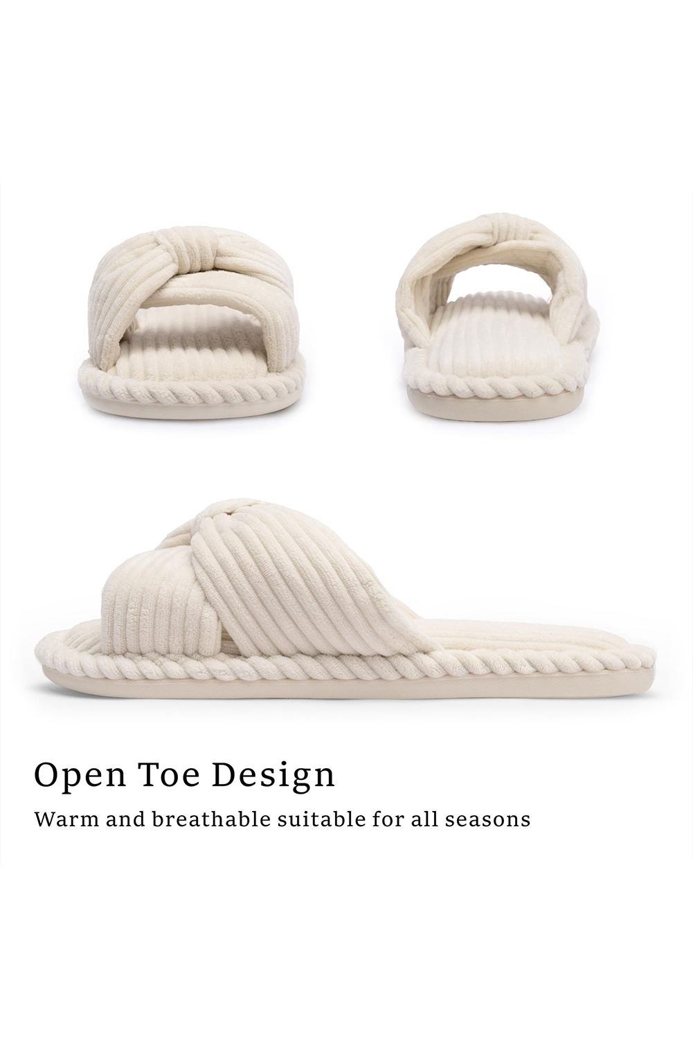 Beige Ribbed Texture Bowknot Winter Slippers Slippers JT's Designer Fashion