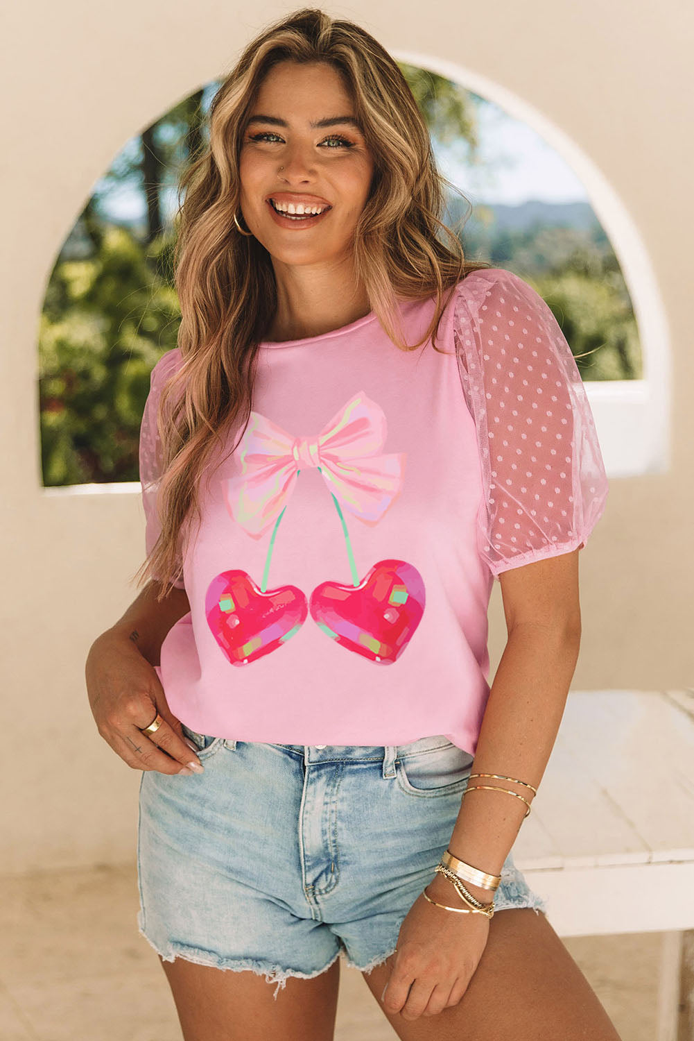 Pink Bow Heart Shape Cherry Print Dotted Mesh Sleeve T Shirt Graphic Tees JT's Designer Fashion