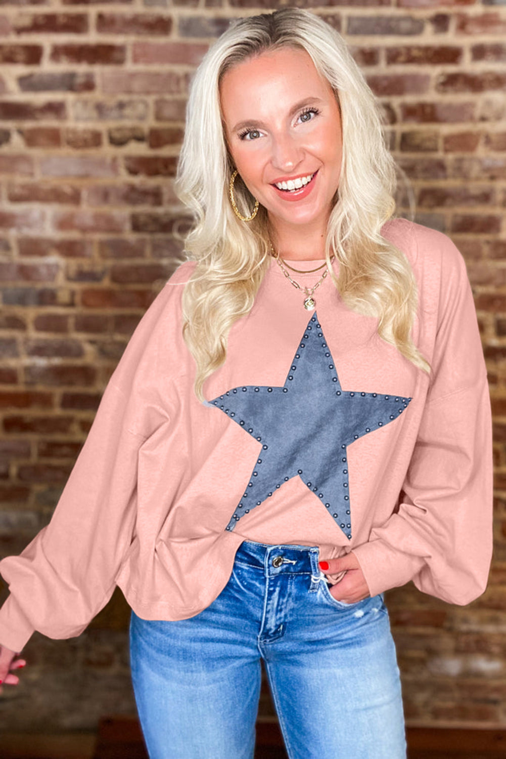 Gossamer Pink Studded Star Graphic Oversized Long Sleeve Top Long Sleeve Tops JT's Designer Fashion