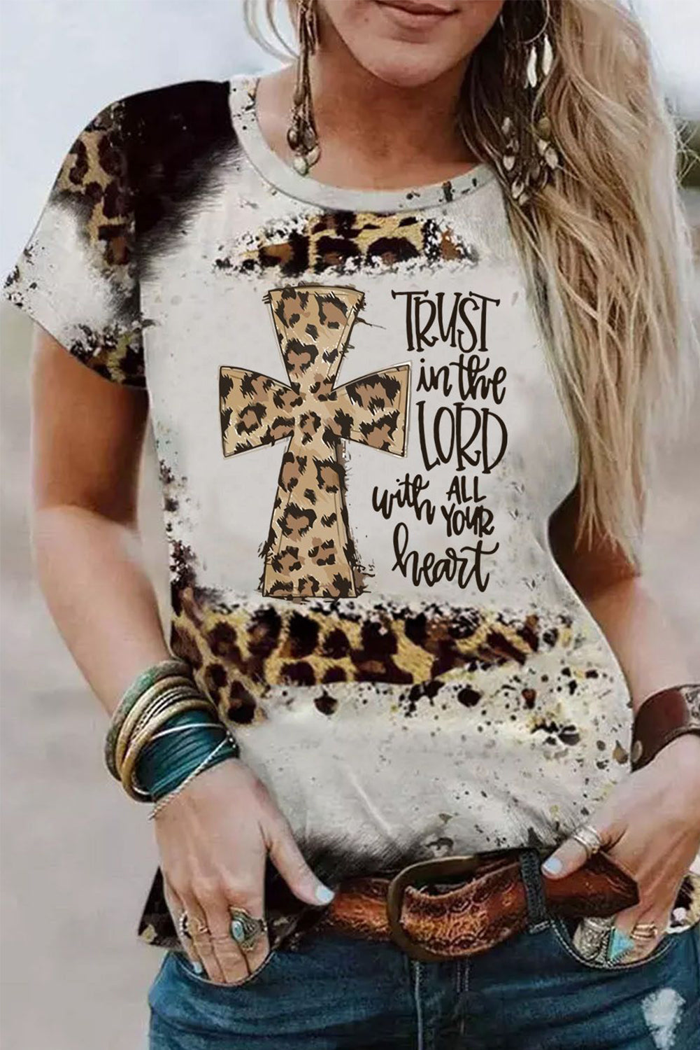 Leopard Western Cross Slogan Graphic Casual T Shirt Graphic Tees JT's Designer Fashion