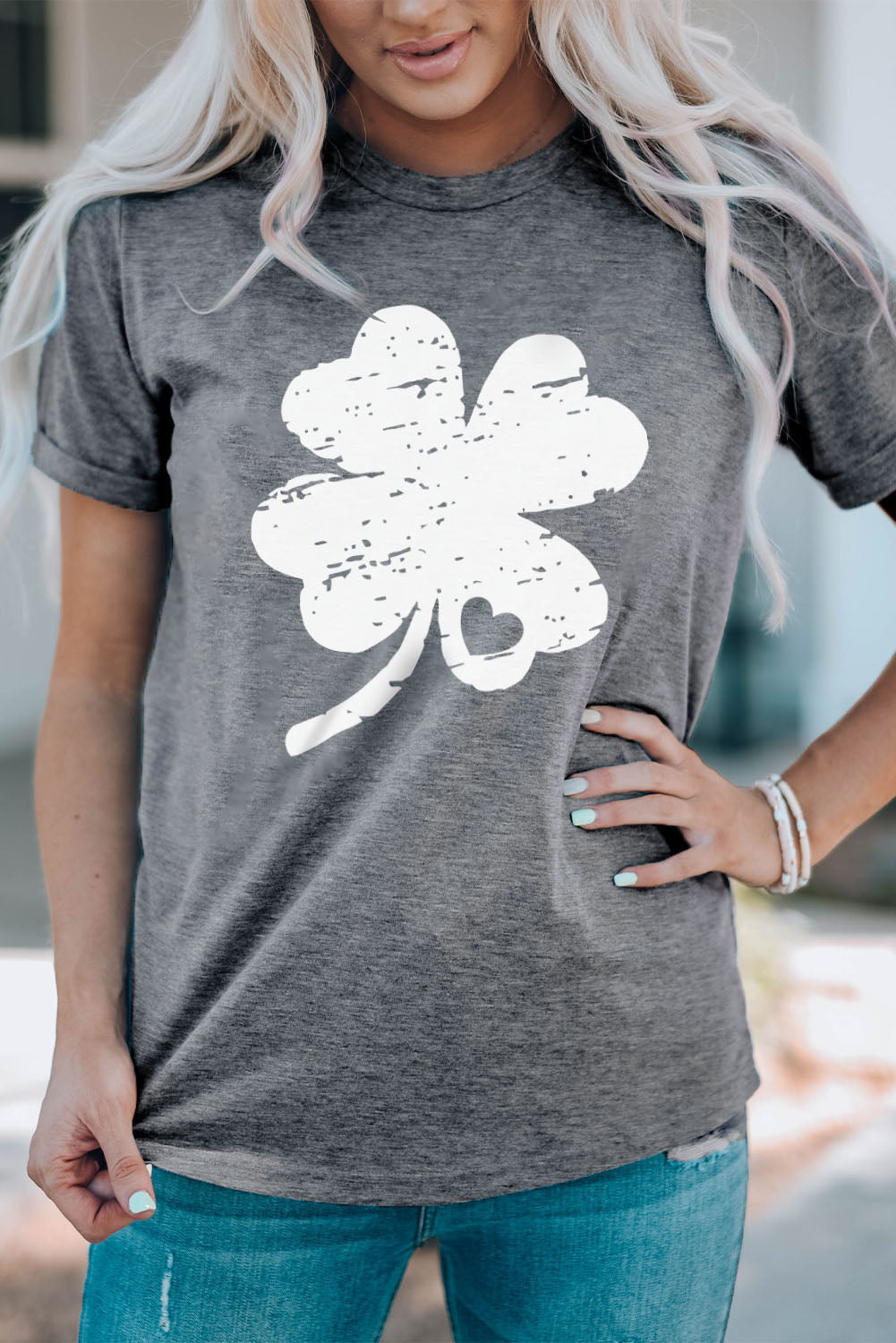 Gray St Patrick Shamrock Graphic Print Tee Graphic Tees JT's Designer Fashion