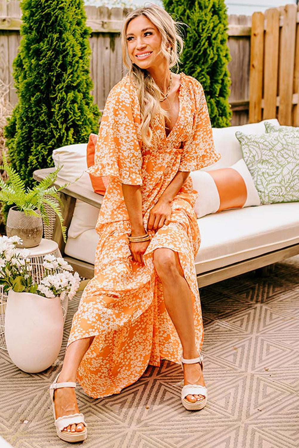 Orange Floral Print Smocked V Neck Wide Sleeve Maxi Dress Floral Dresses JT's Designer Fashion