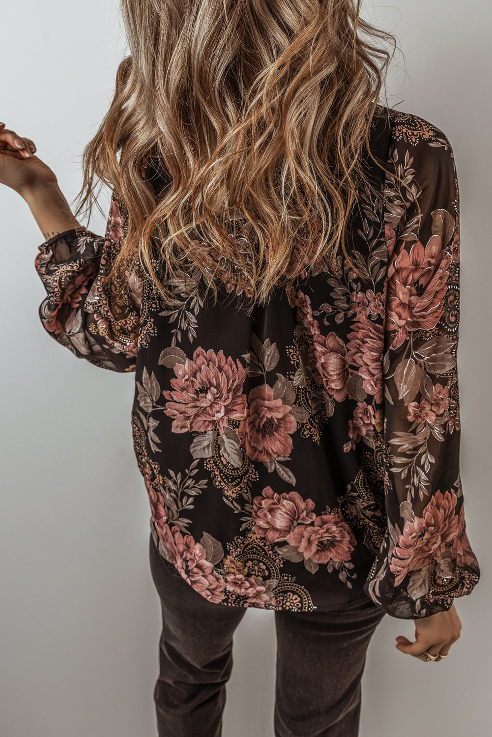 Black Floral Print Criss Cross V Neck Balloon Sleeve Blouse Blouses & Shirts JT's Designer Fashion