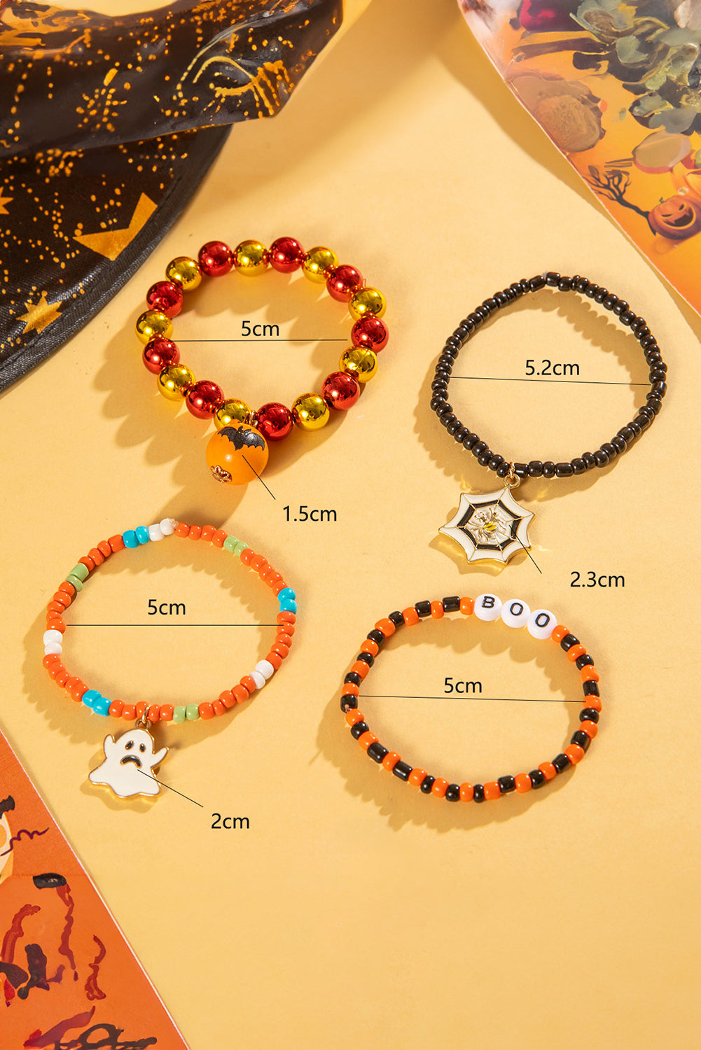 Orange 4pcs Halloween Ghost Spider Web Beaded Bracelet Set Jewelry JT's Designer Fashion