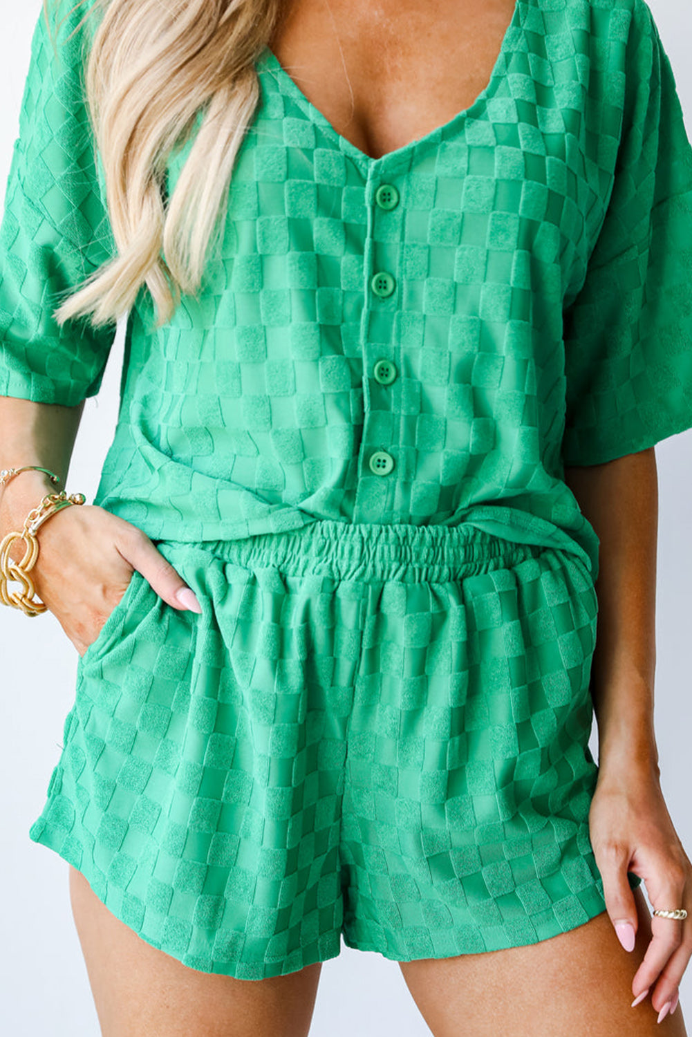 Bright Green Checkered Print Buttoned V Neck Top and Shorts Set Bottoms JT's Designer Fashion