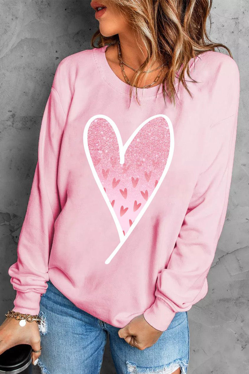 Pink Glitter Heart in Heart Graphic Valentines Sweatshirt Graphic Sweatshirts JT's Designer Fashion