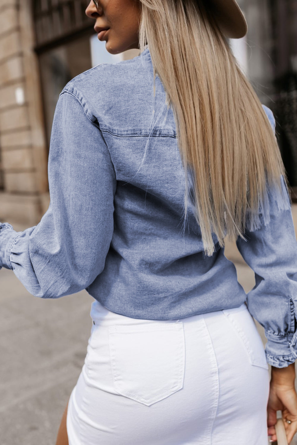 Beau Blue Ruffled Long Sleeve Buttoned Denim Shirt Blouses & Shirts JT's Designer Fashion