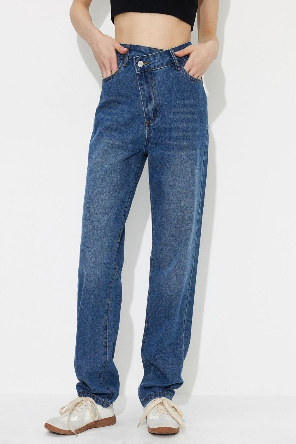 Asymmetric Waist Jeans with Pockets Medium High Waist Jeans JT's Designer Fashion