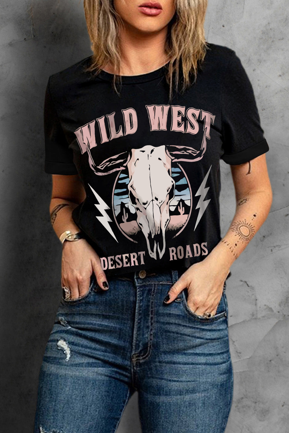 Black Wild West Desert Roads Steer Head Graphic Tee Graphic Tees JT's Designer Fashion