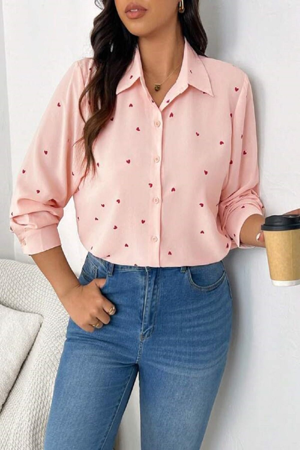 Heart Collared Neck Long Sleeve Shirt Watermelon pink Long Sleeve Tops JT's Designer Fashion