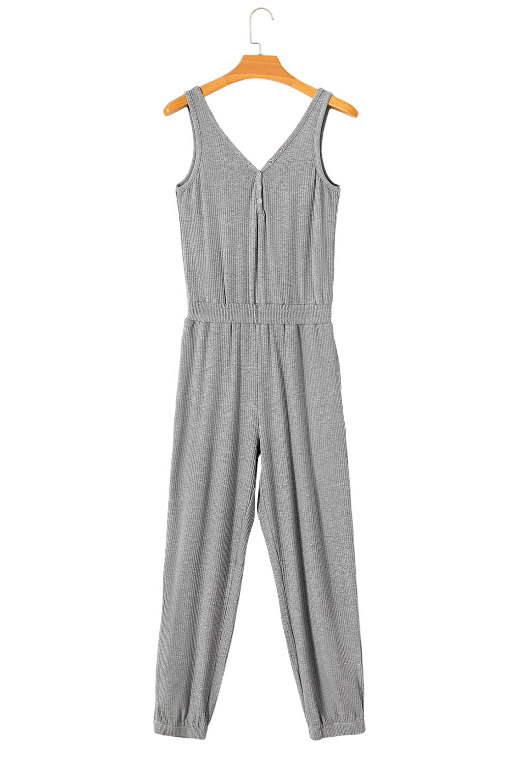 Light Grey Ribbed Button V Neck Sleeveless Jumpsuit Pre Order Bottoms JT's Designer Fashion