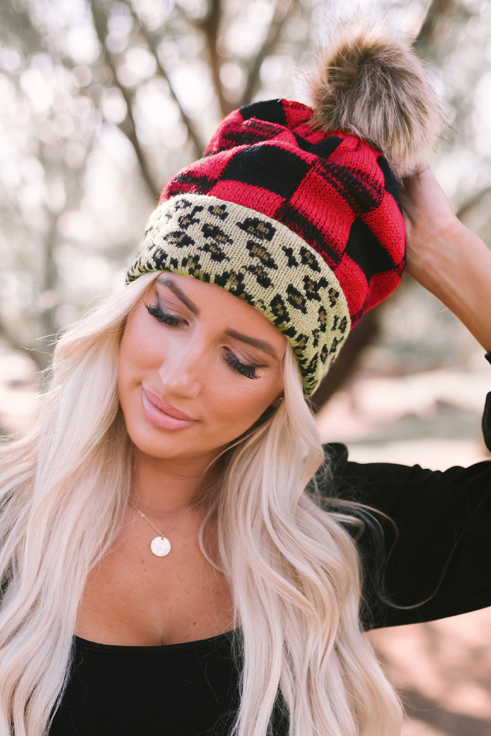 Red Plaid Leopard Brim Knit Beanie Hat Hats & Caps JT's Designer Fashion