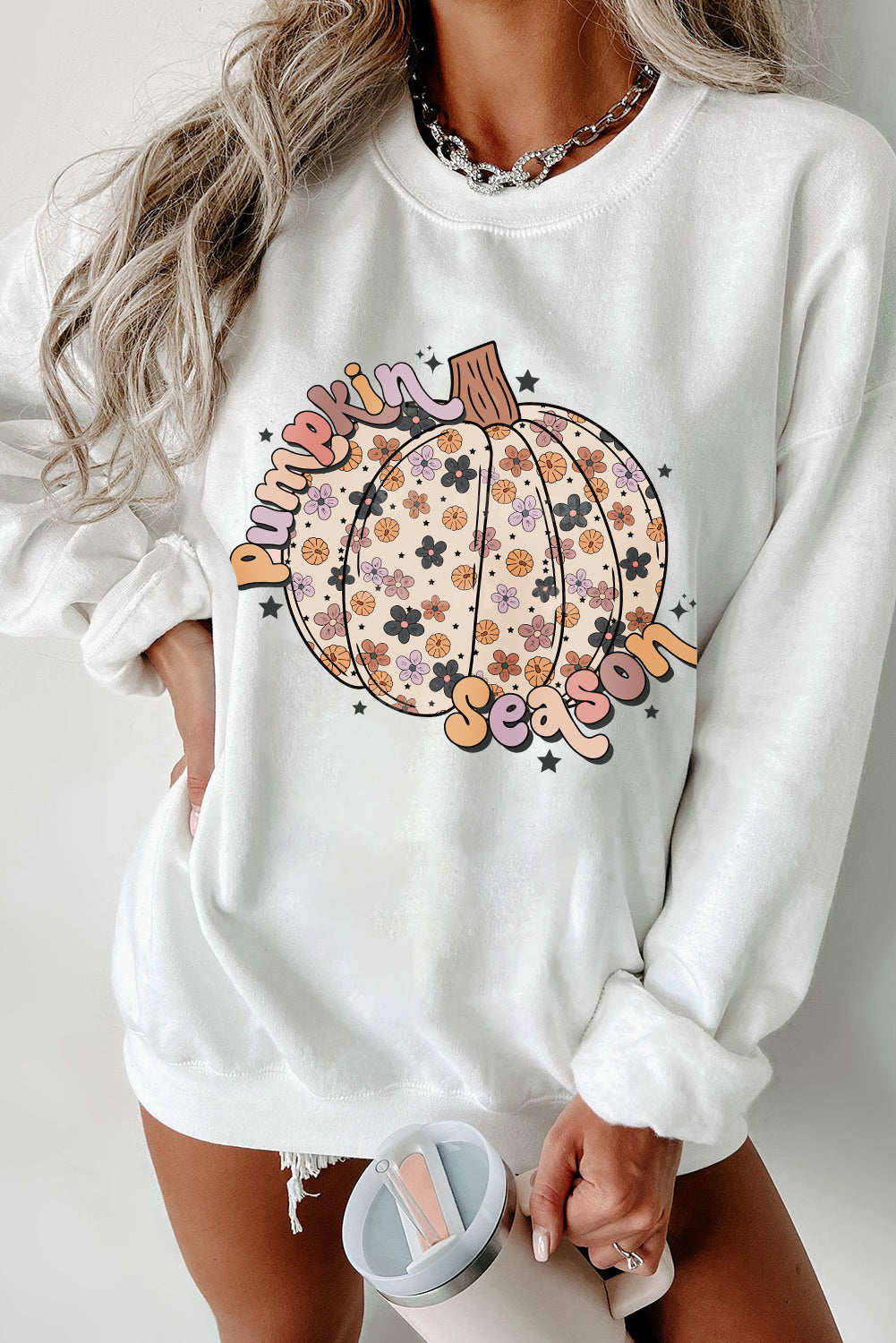 White Floral Pumpkin Season Graphic Loose Sweatshirt White 50%Polyester+50%Cotton Graphic Sweatshirts JT's Designer Fashion