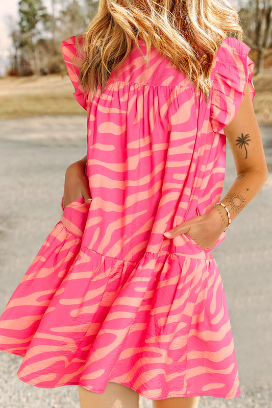 Pink Zebra Stripe Printed Ruffle Trim Pocketed Dress Dresses JT's Designer Fashion