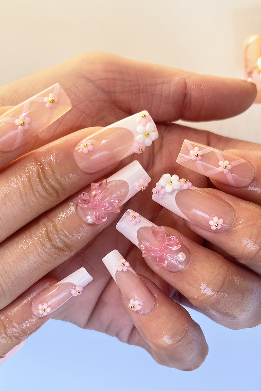 Light Pink French Floral Bowknot Nail Sticker Set Other Accessories JT's Designer Fashion