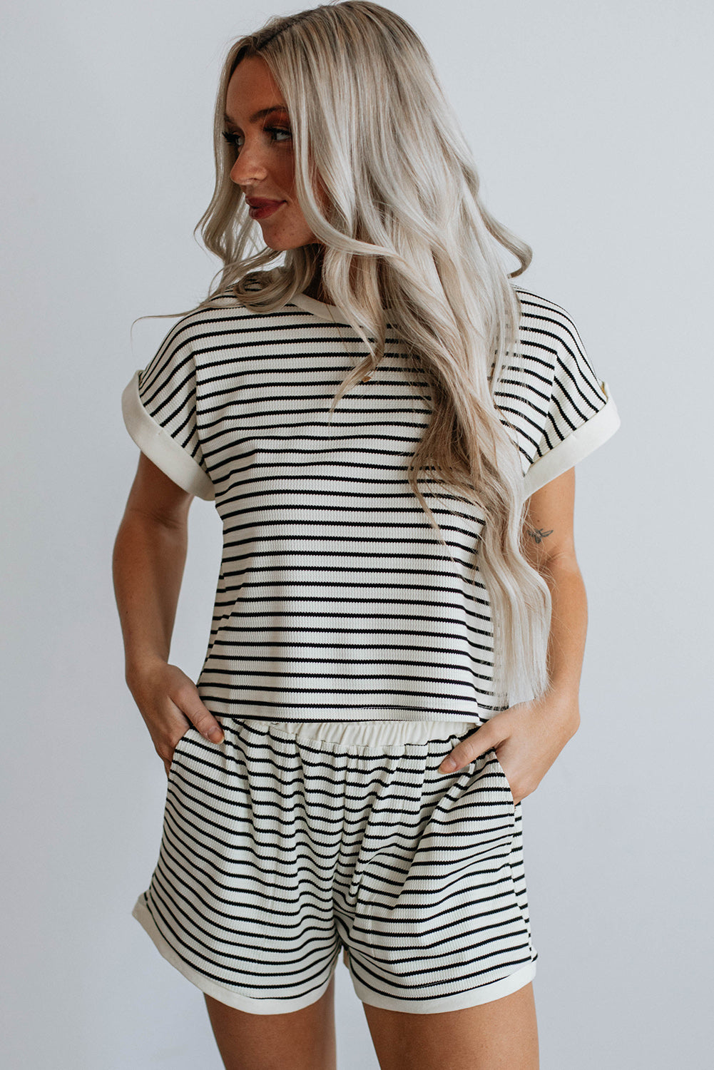 White Stripe Contrast Edge Tee and Shorts Set Bottoms JT's Designer Fashion