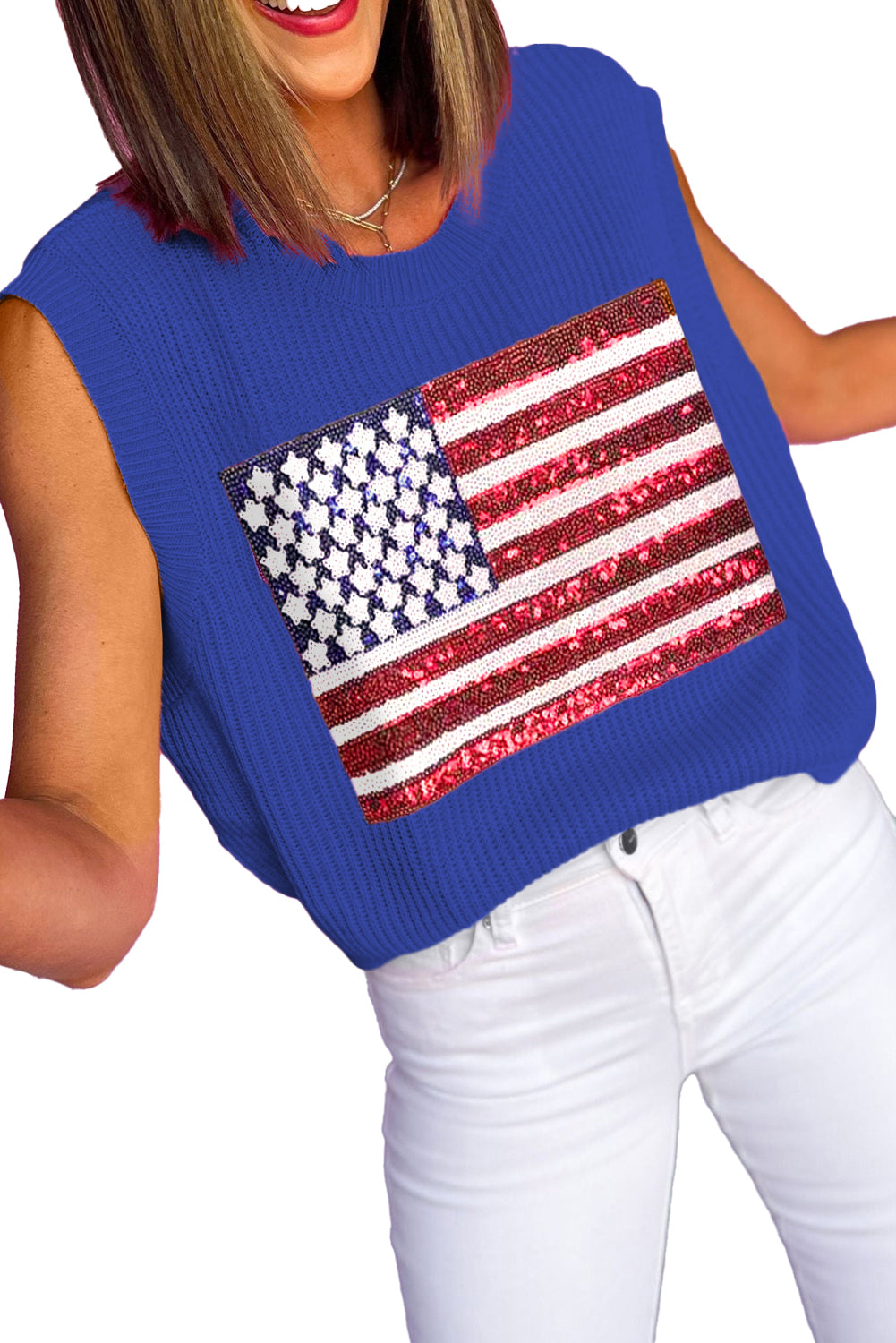 Bluing American Flag Stud Sequin Pearl Stud Waffle Knit Tank Top Pre Order Tops JT's Designer Fashion