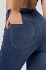 Navy Blue Button Fly High Waist Skinny Fit Jeans Bottoms JT's Designer Fashion