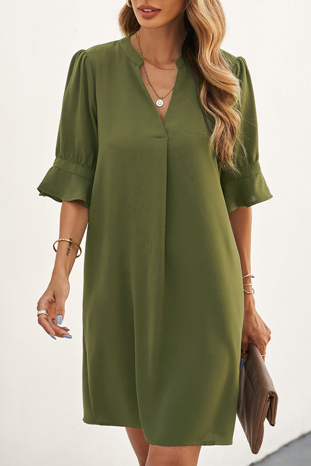 Green Ruffled Sleeve Shift Dress Mini Dresses JT's Designer Fashion