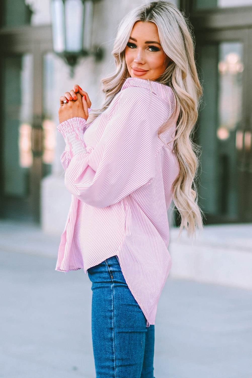 Pink Smocked Cuffed Striped Boyfriend Shirt with Pocket Blouses & Shirts JT's Designer Fashion