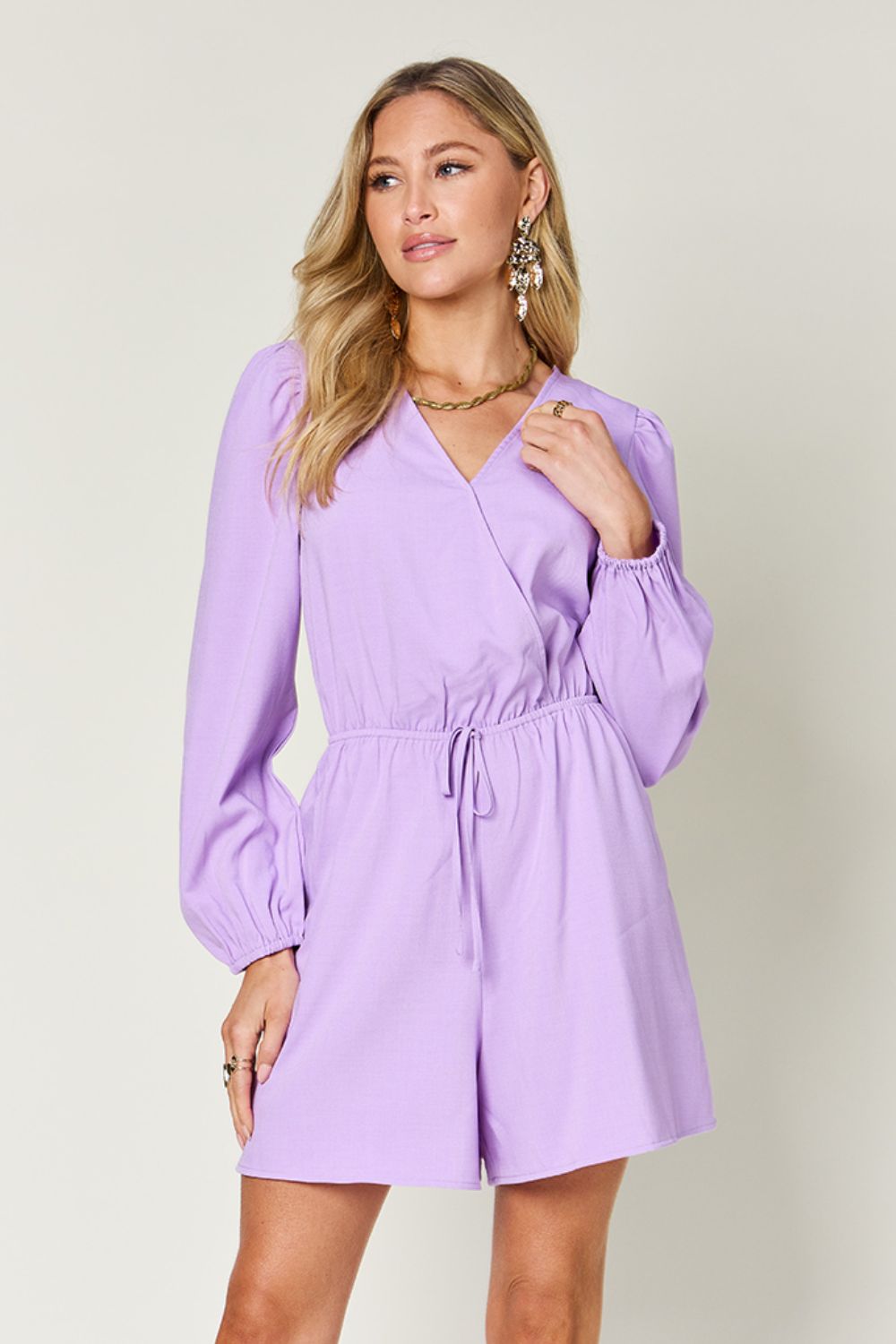 Double Take Full Size Drawstring Long Sleeve Romper Lavender Jumpsuits & Rompers JT's Designer Fashion