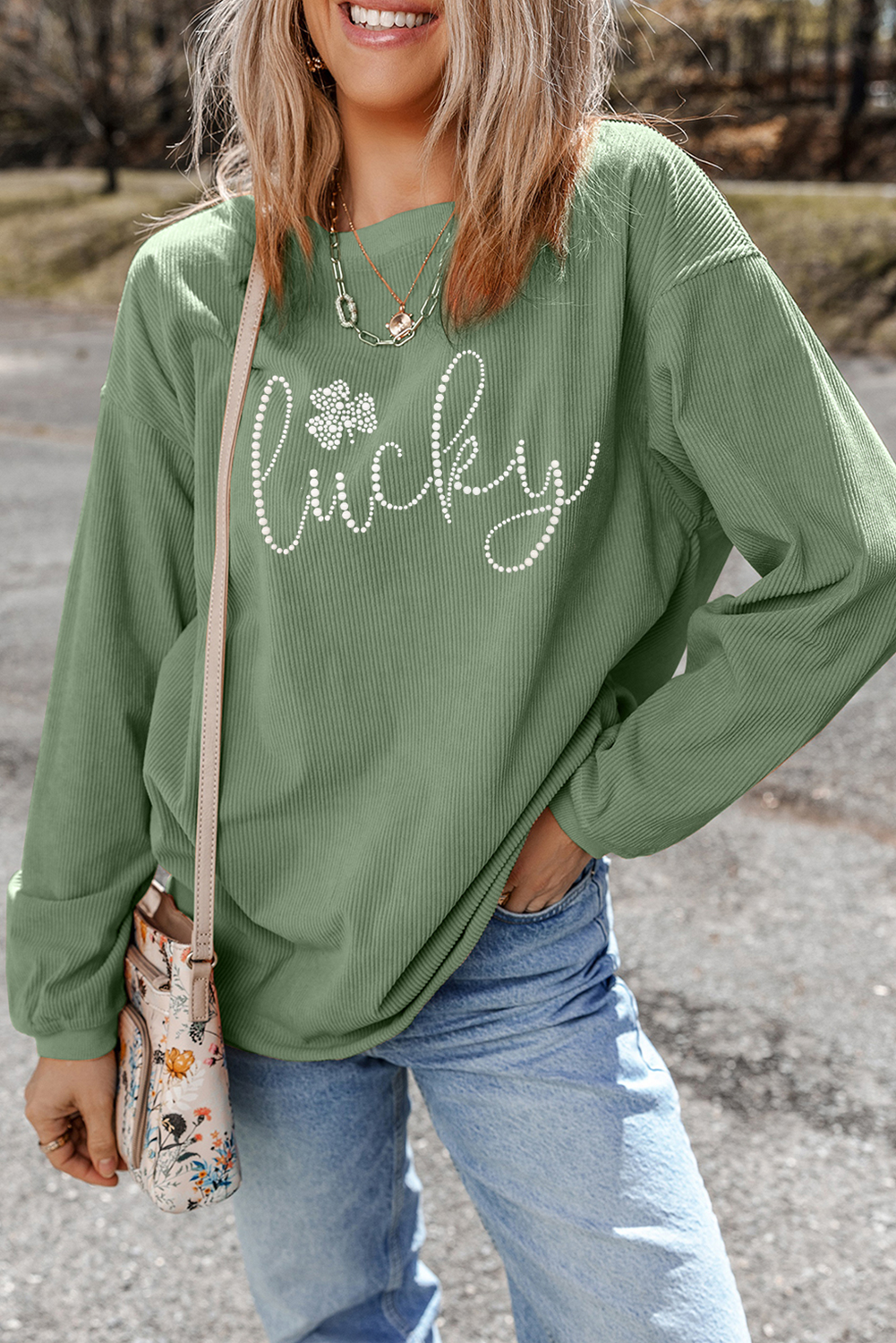 Grass Green Rhinestone lucky Clover Graphic Ribbed St Patrick Sweatshirt Graphic Sweatshirts JT's Designer Fashion