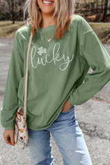 Grass Green Rhinestone lucky Clover Graphic Ribbed St Patrick Sweatshirt Graphic Sweatshirts JT's Designer Fashion
