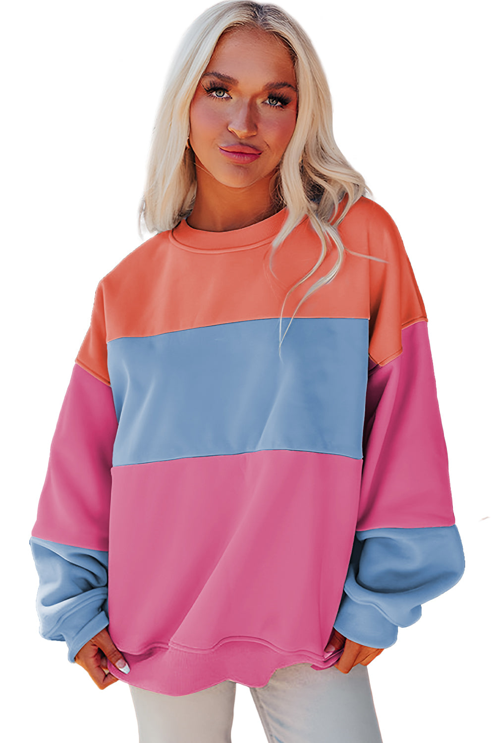 Bright Pink Colorblock Patchwork Drop Shoulder Sweatshirt Sweatshirts & Hoodies JT's Designer Fashion