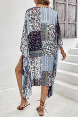 Blue Retro Floral Print Long Loose Open Front Kimono Kimonos JT's Designer Fashion