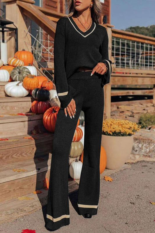 V-Neck Long Sleeve Top and Pants Set Black Pant Sets JT's Designer Fashion