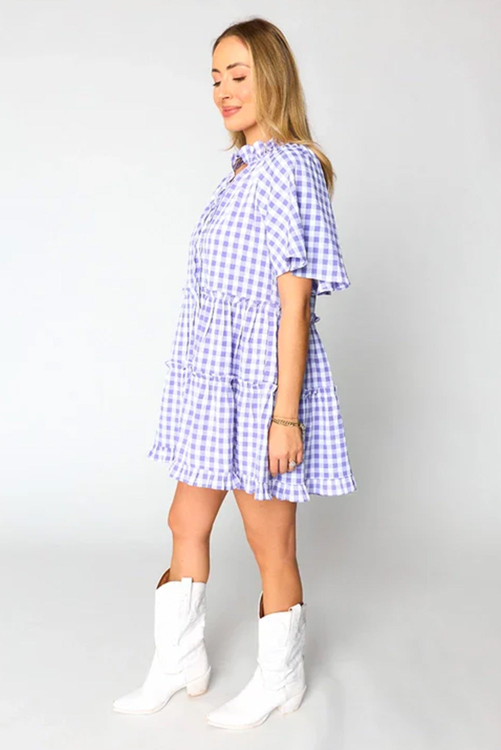 Lavendula Plaid Ruffle Wide Short Sleeve Babydoll Mini Dress Mini Dresses JT's Designer Fashion