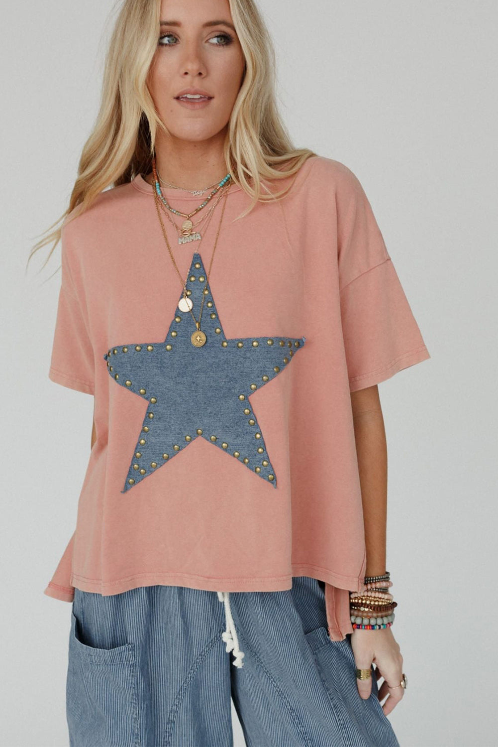 Apricot Pink Studded Star Patch Graphic High Low Tee Tops & Tees JT's Designer Fashion