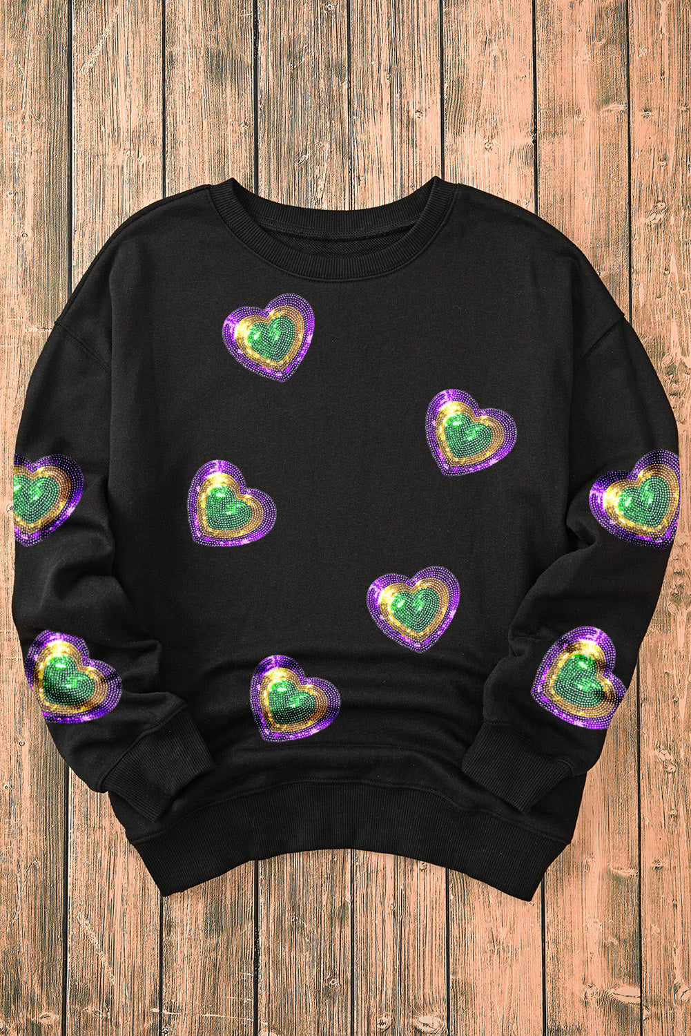 Black Mardi Gras Heart Print Crew Neck Sweatshirt Graphic Sweatshirts JT's Designer Fashion