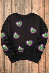 Black Mardi Gras Heart Print Crew Neck Sweatshirt Graphic Sweatshirts JT's Designer Fashion