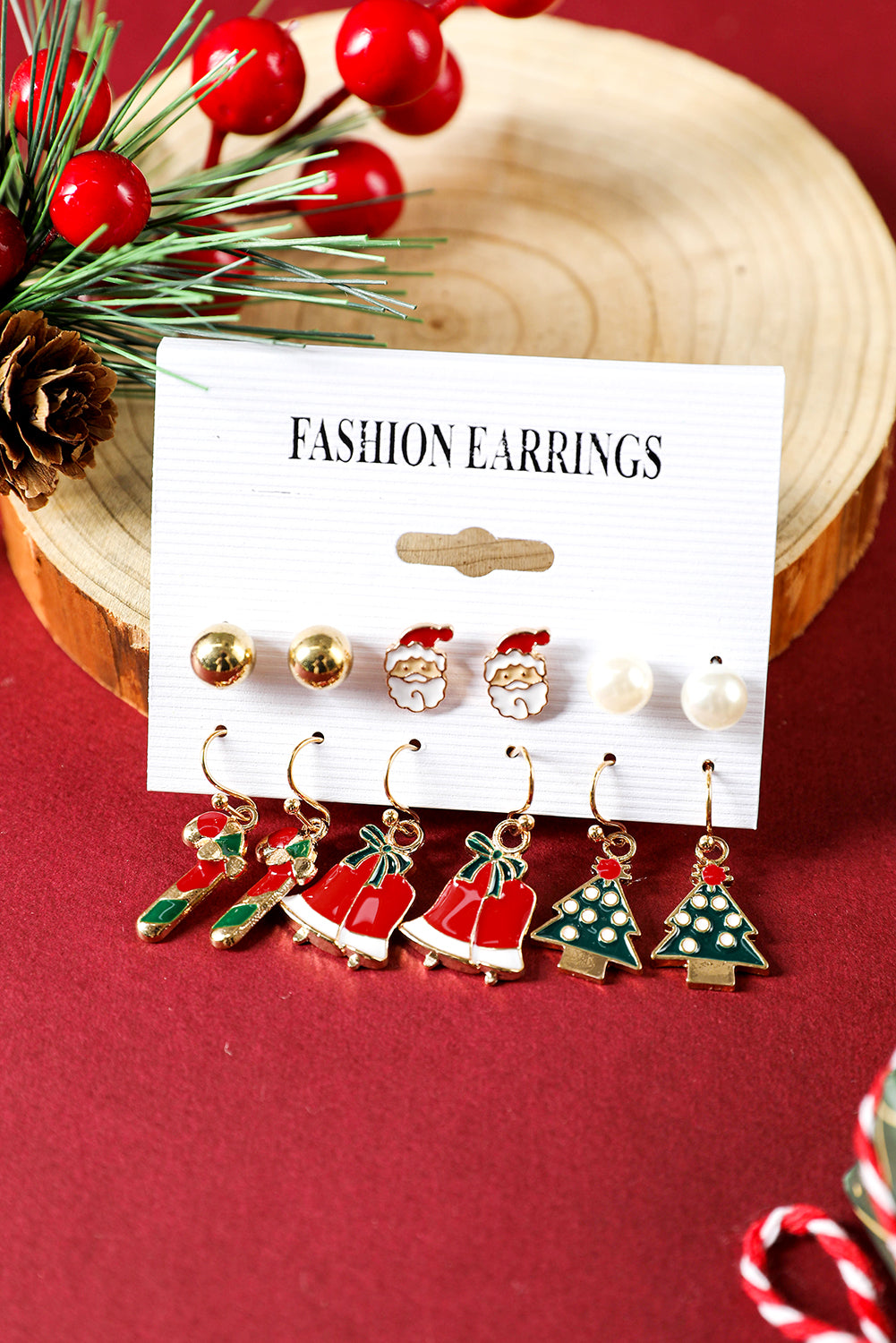 Racing Red 6 Pairs/Set Cartoon Christmas Theme Alloy Earring Set Jewelry JT's Designer Fashion