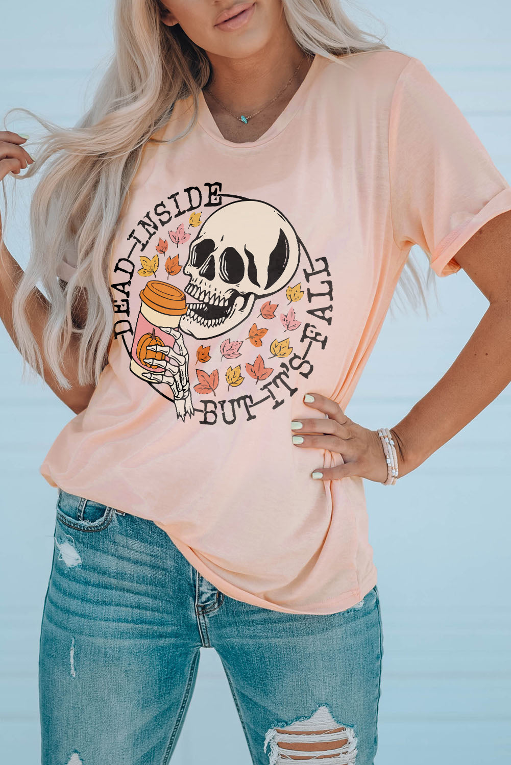 Pink Skull Pumpkin coffee Fall maple leaf T-Shirts Graphic Tees JT's Designer Fashion