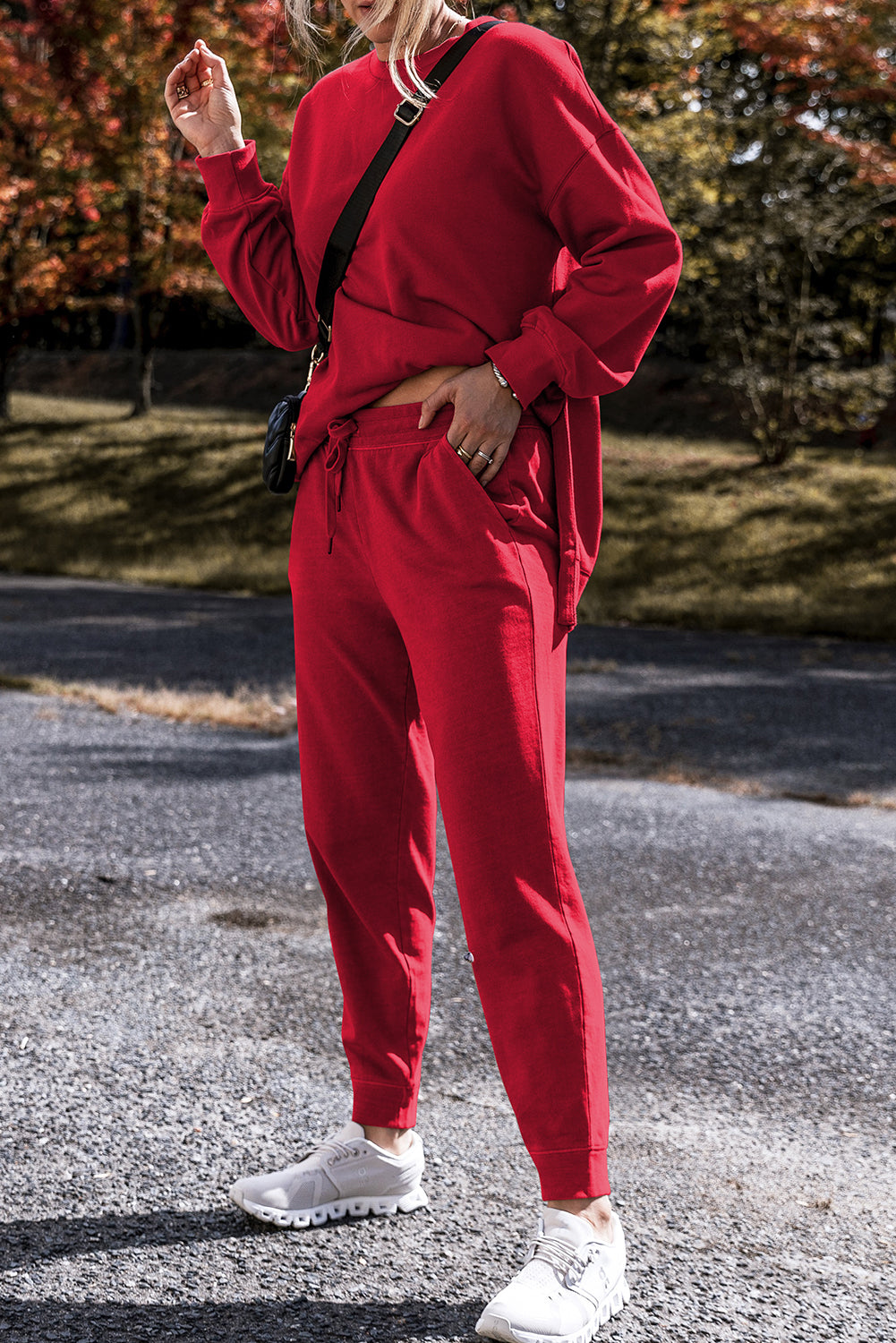 Racing Red Solid Color High Low Pullover and Skinny Pants Set Pant Sets JT's Designer Fashion