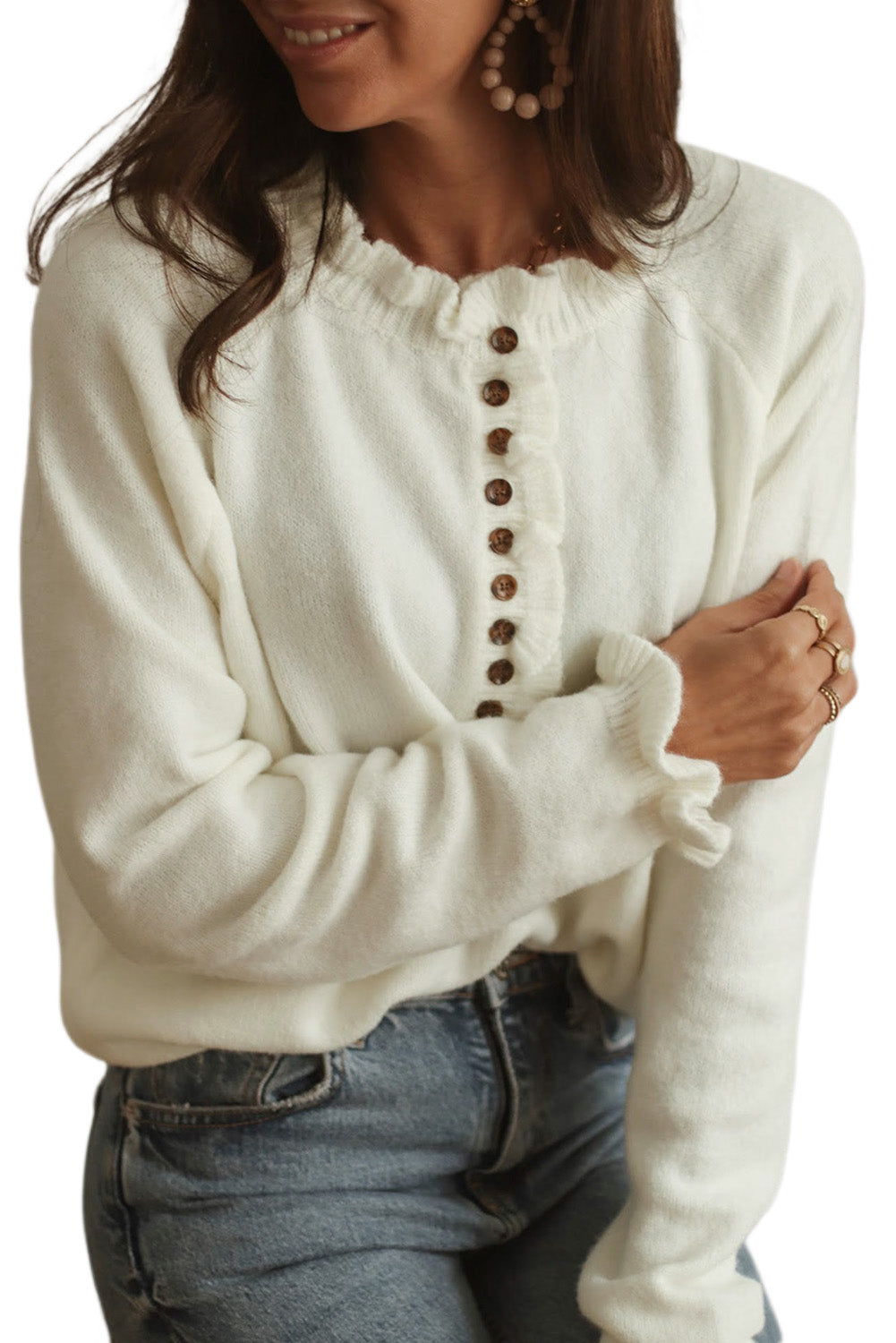 Beige Frill Trim Buttoned Knit Pullover Sweater Sweaters & Cardigans JT's Designer Fashion