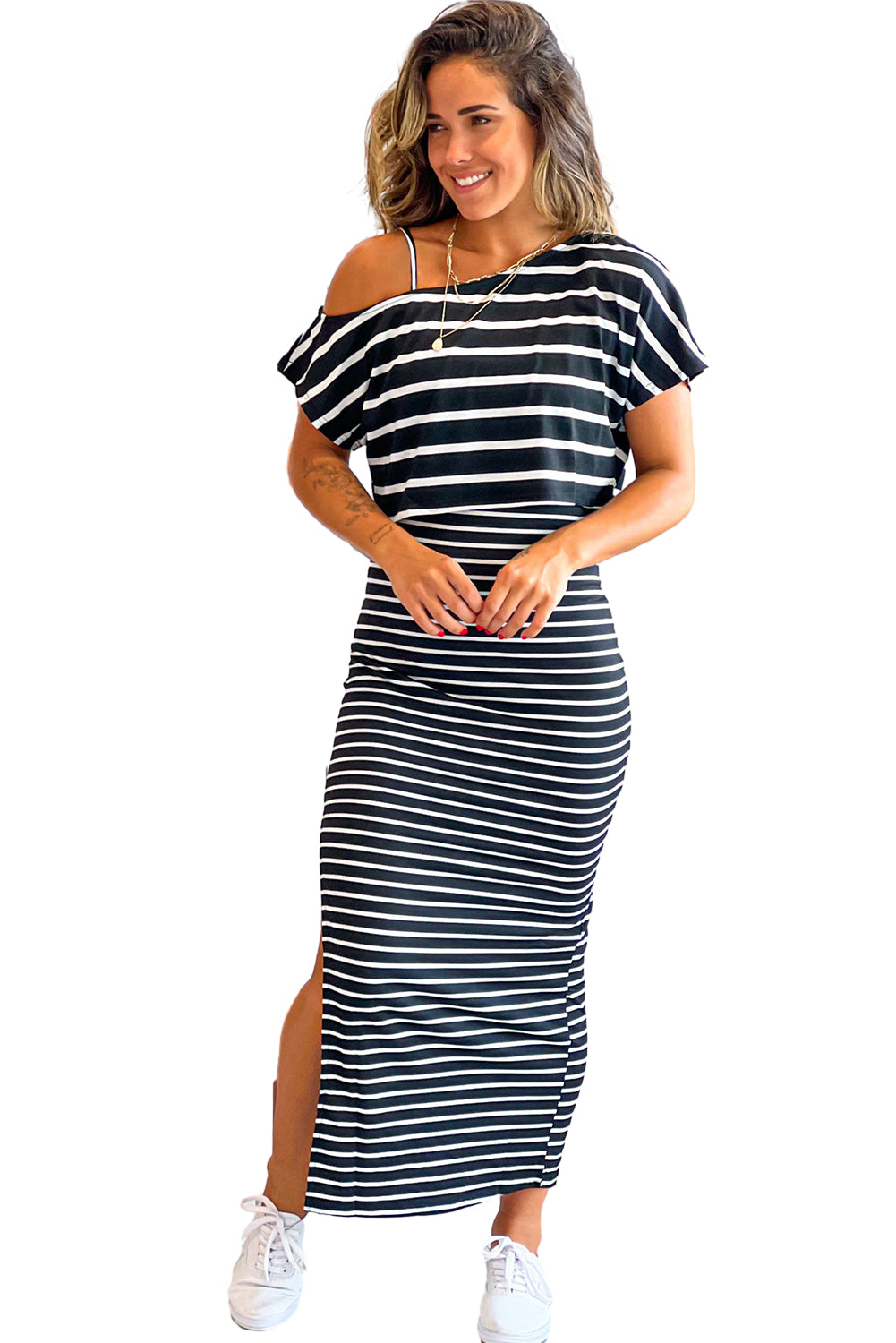 Black Stripe Asymmetric Cold Shoulder Top Slit Pencil Skirt Set Bottoms JT's Designer Fashion