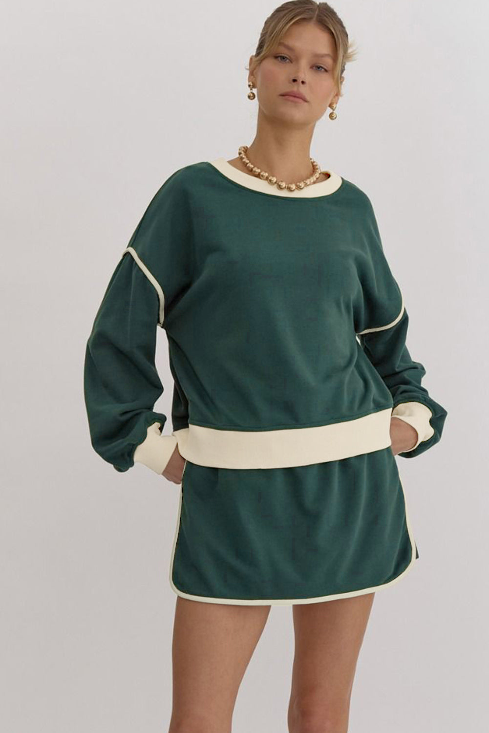 Evergreen Color Contrast Loose Pullover and Lace-up Waist Skort Set Two Piece Dresses JT's Designer Fashion