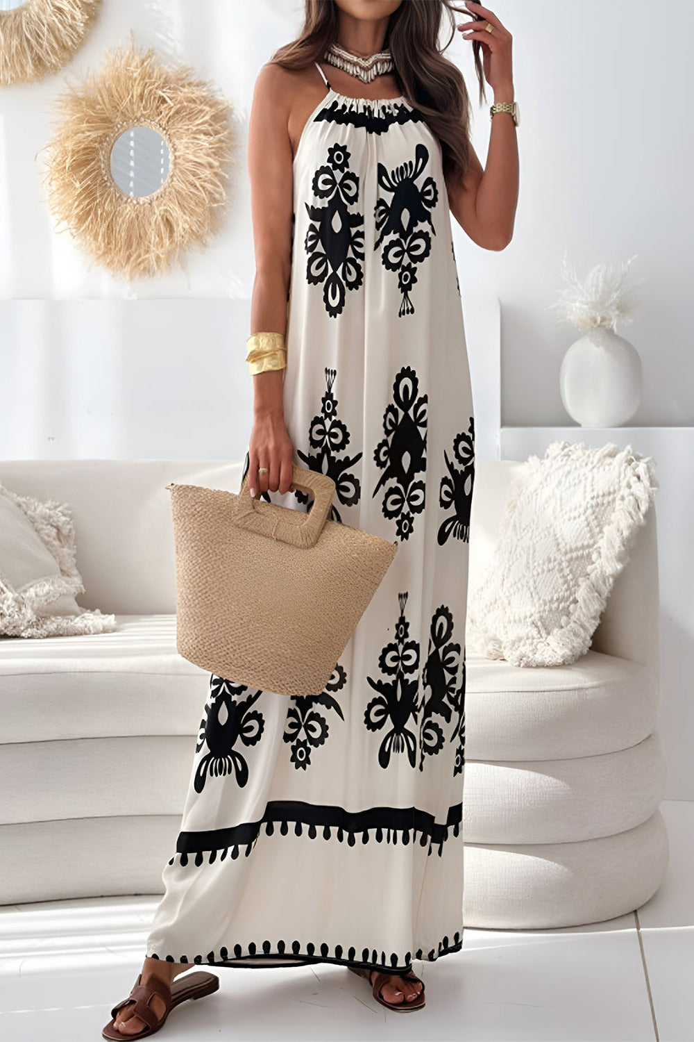 Printed Spaghetti Strap Sleeveless Maxi Dress Dust Storm Maxi Dresses JT's Designer Fashion