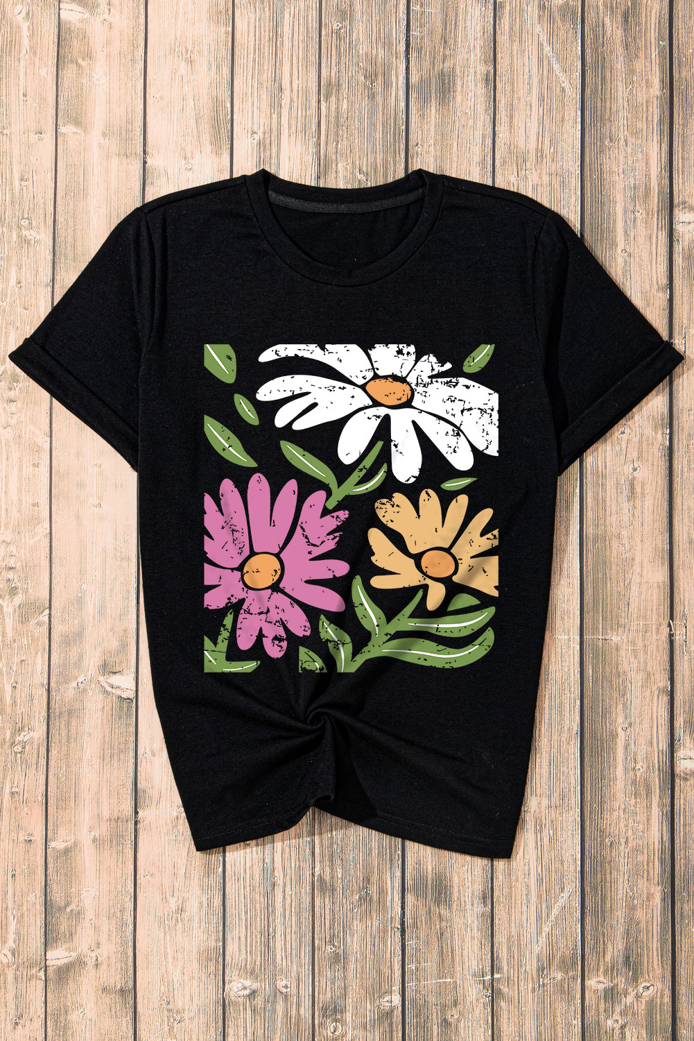 Black Retro Floral Print Crew Neck Casual T Shirt Graphic Tees JT's Designer Fashion