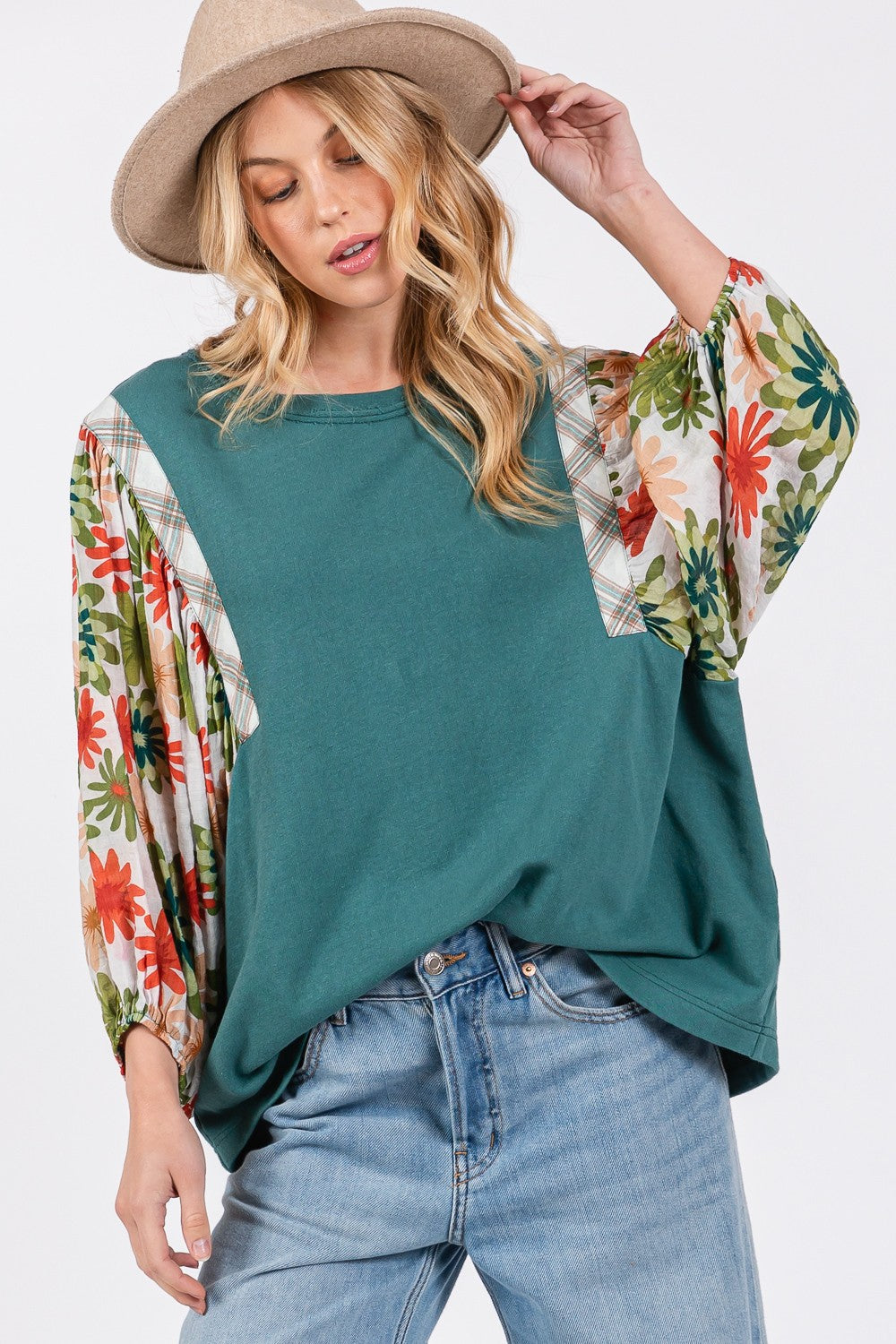 SAGE + FIG Full Size Printed Balloon Sleeve Contrast Top Teal Blouses & Shirts JT's Designer Fashion