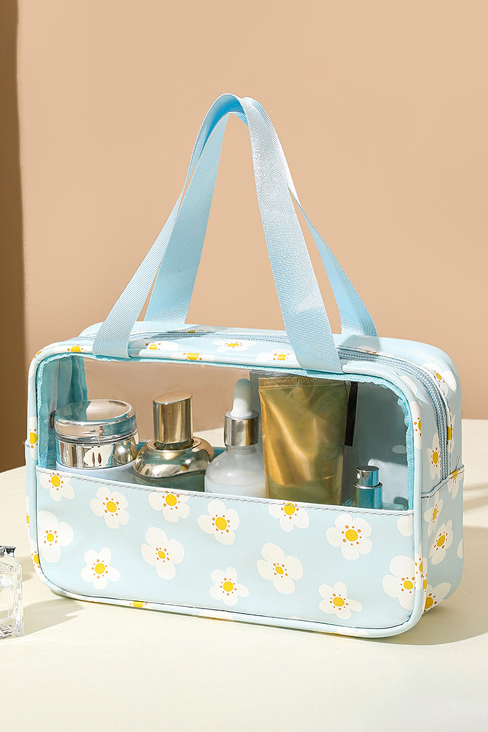 Mist Blue Half Floral Print Handle Strap Waterproof Makeup Bag Other Accessories JT's Designer Fashion