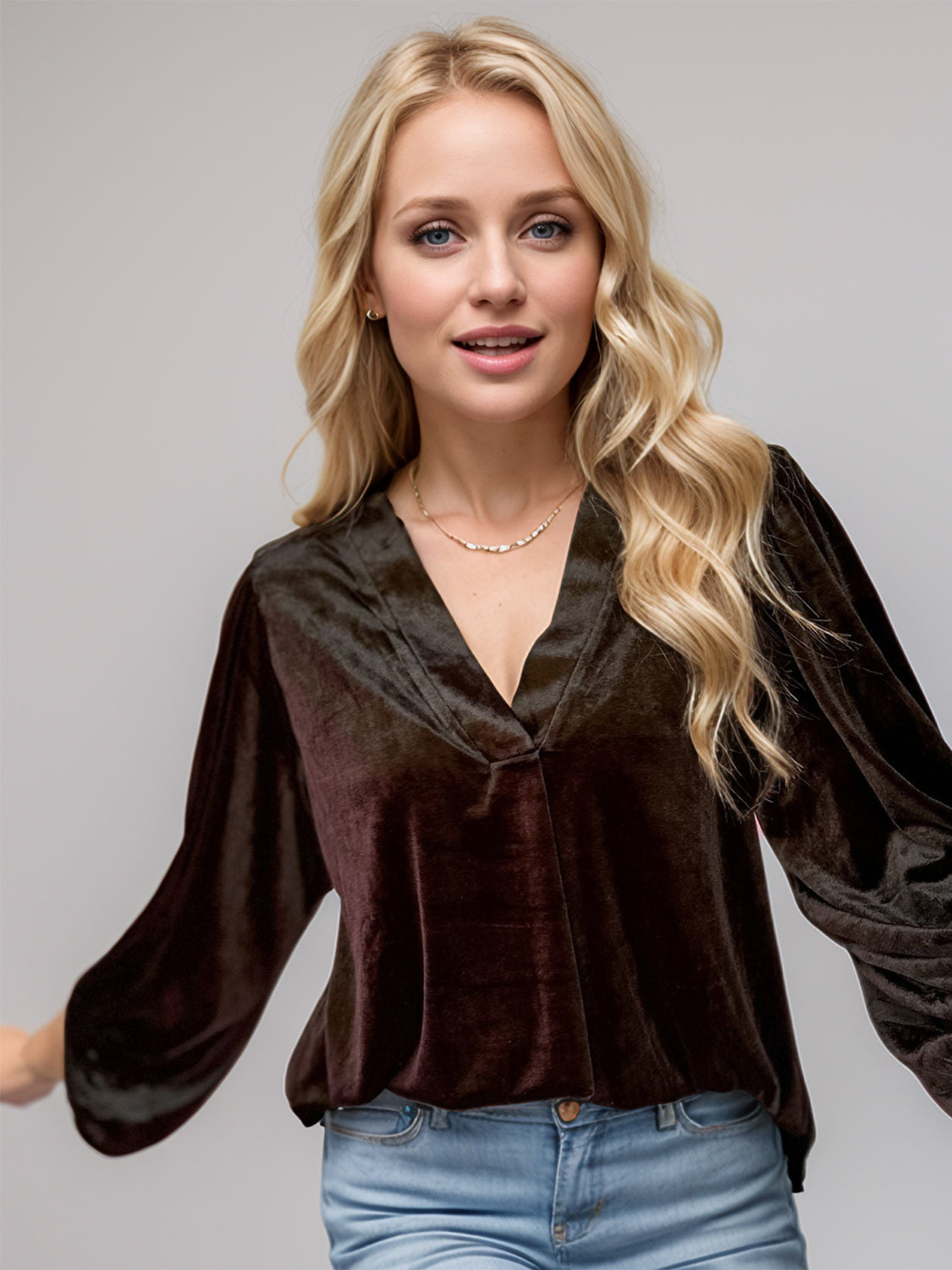 V-Neck Three-Quarter Sleeve Blouse Long Sleeve Tops JT's Designer Fashion