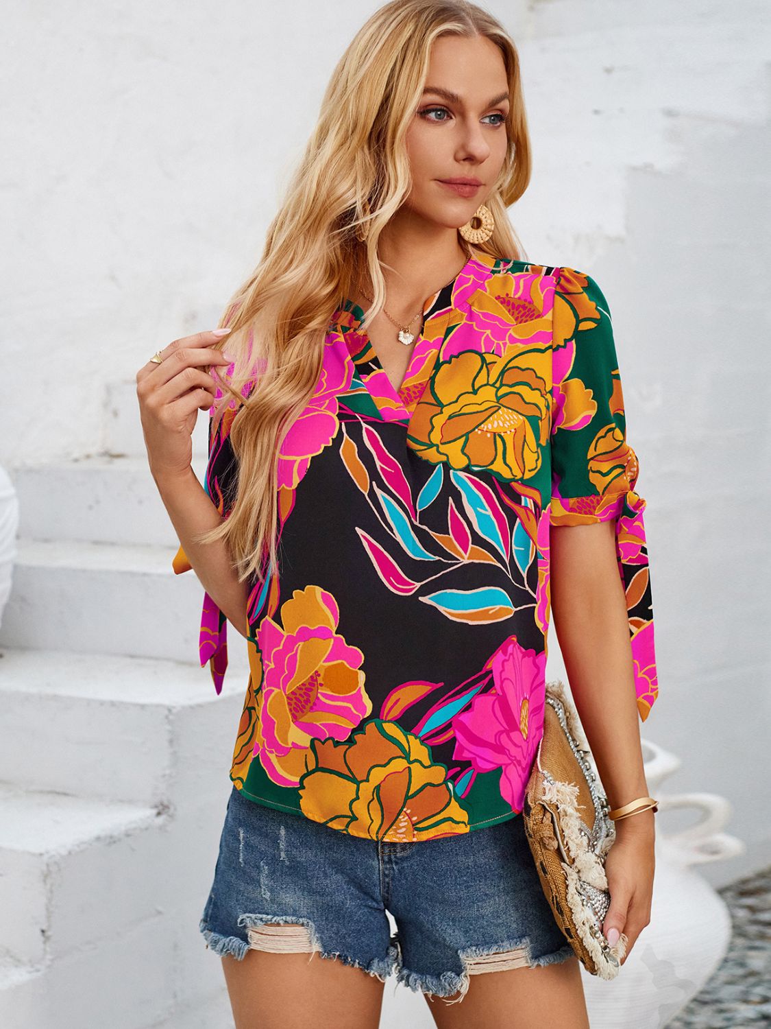 Tied Printed Notched Short Sleeve Blouse Hot Pink Blouses & Shirts JT's Designer Fashion