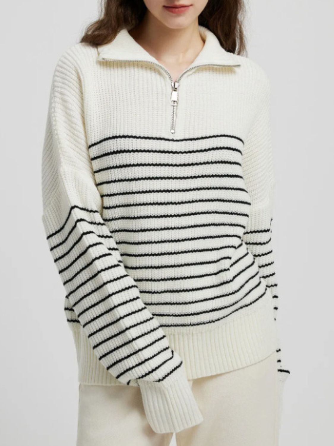 Striped Half Zip Long Sleeve Sweater Long Sleeve Tops JT's Designer Fashion