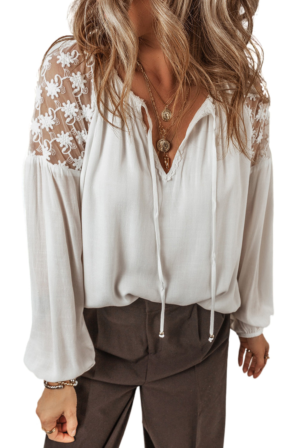 White Floral Lace Patchwork Puff Sleeve Tied V Neck Blouse Blouses & Shirts JT's Designer Fashion