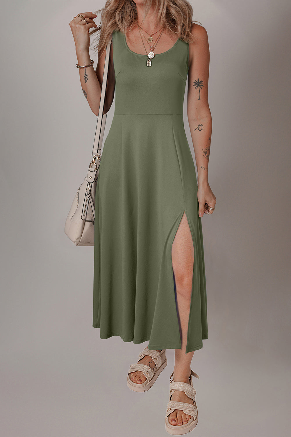 Four Leaf Clover Sleeveless Scoop Neck Flared Split Midi Dress Midi Dresses JT's Designer Fashion