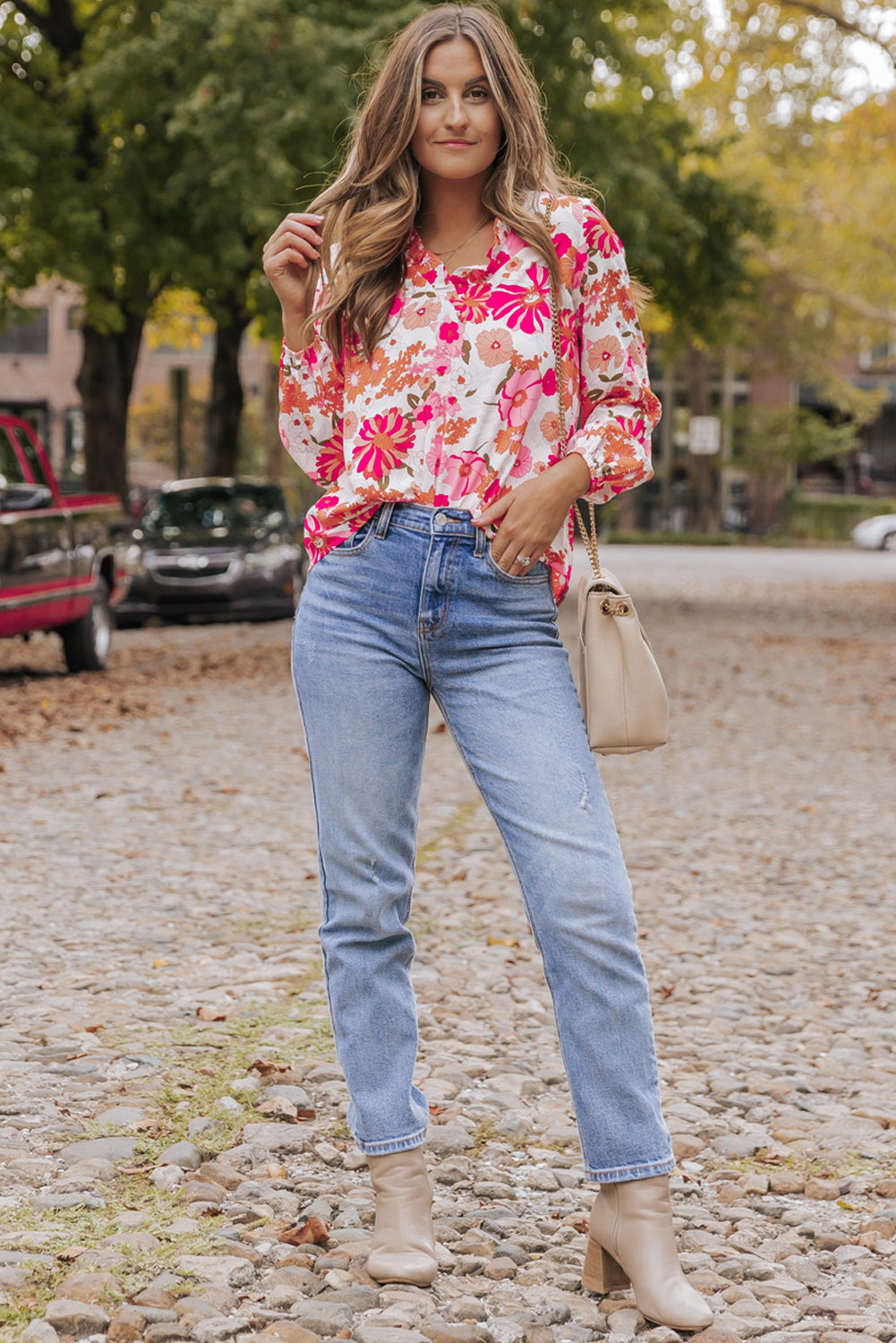 Bright White Floral Print Split V Neck Blouse Blouses & Shirts JT's Designer Fashion